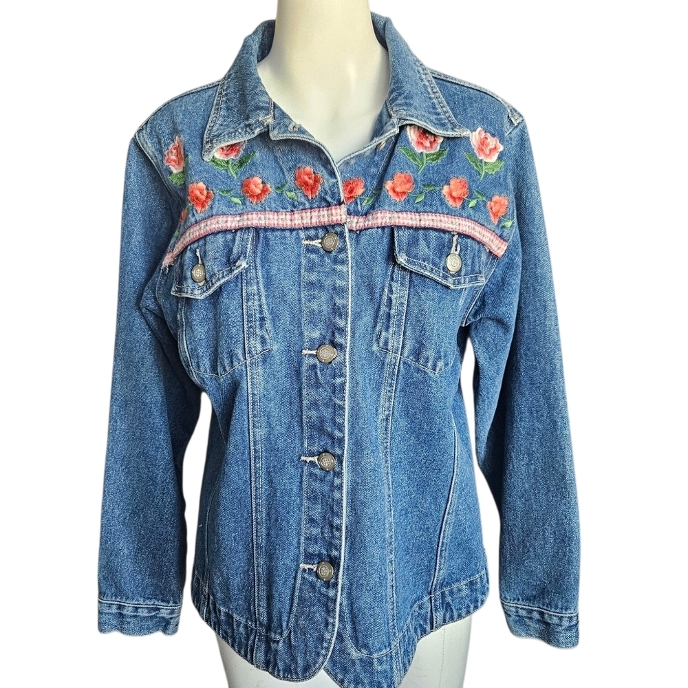 Bill Blass Vintage‎ Denim Long Sleeve Jacket Womens Size M Embroidered Roses
